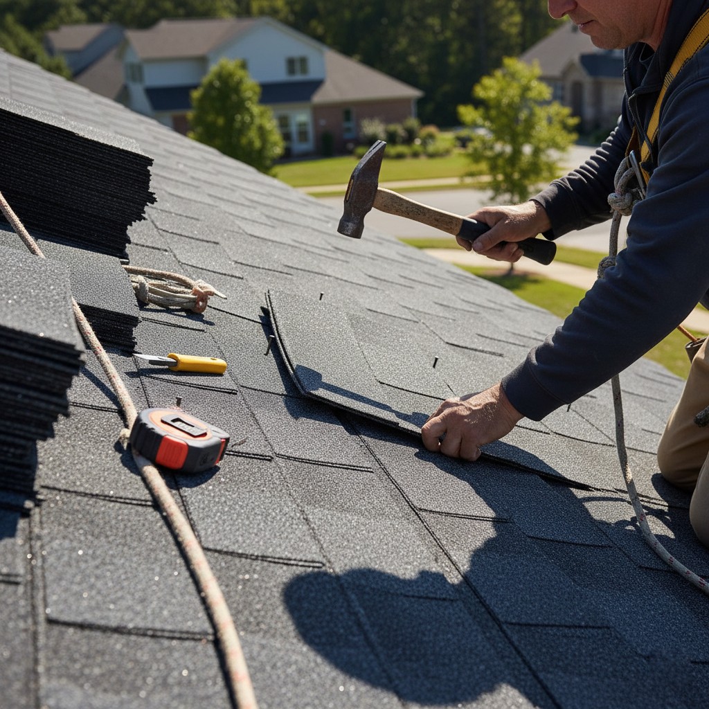 Local Fresno roofers repairing shingle and flashing damage