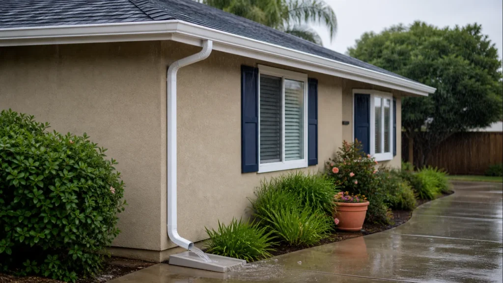 Properly operating seamless gutter and downspout draining a Fresno home during moderate rain.