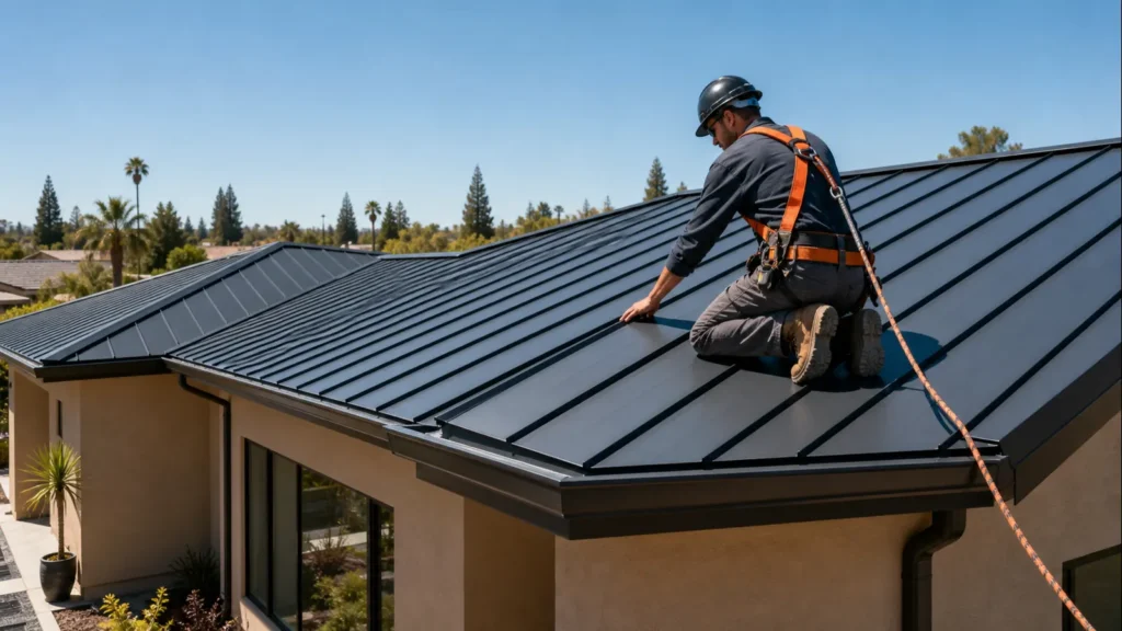 Standing seam metal roof being inspected safely in bright Fresno sunlight.