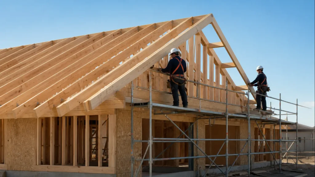 Accurate residential roof rafter framing being built from compliant scaffolding near Fresno.