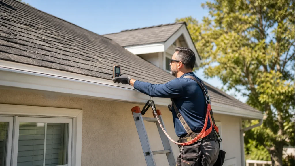 Protected roofing inspector measuring roof pitch safely at the eave of a Fresno home.