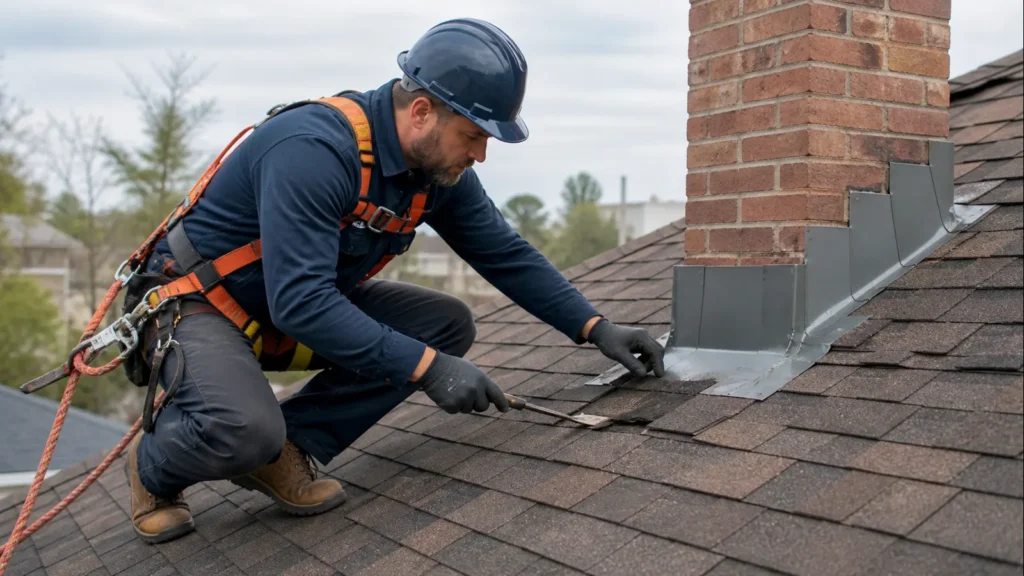 Protected roofing professional inspecting shingles and chimney flashing during a Fresno roof repair assessment.