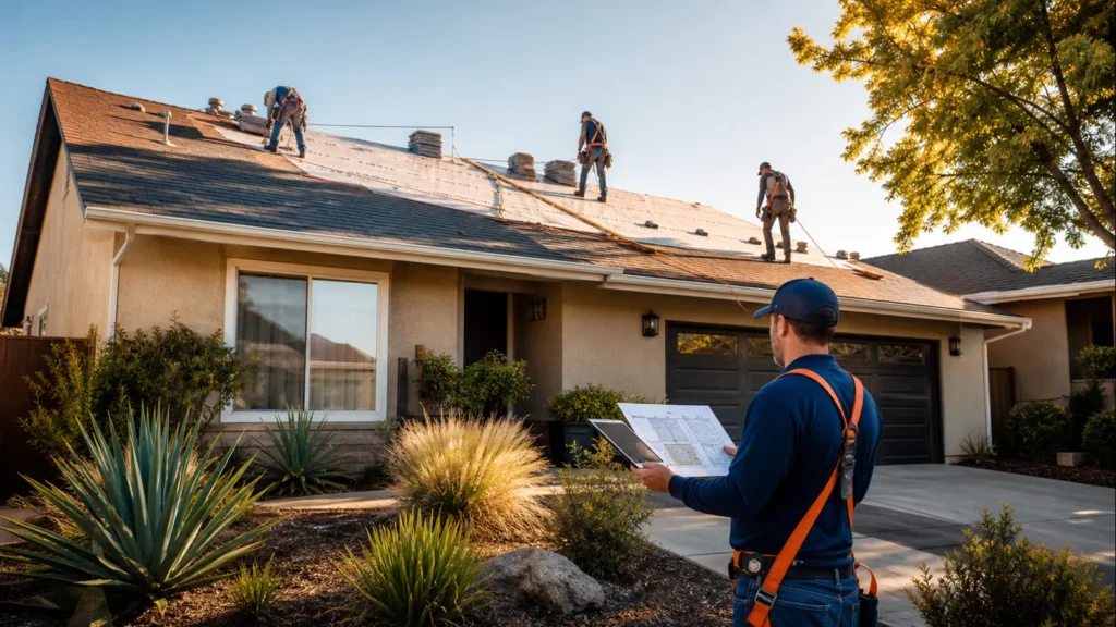 Roofing estimator planning a roof replacement for a Fresno home while a protected crew works above.