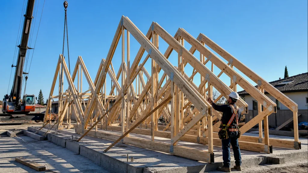 Engineered residential roof trusses staged upright and braced at a Fresno-area construction site.