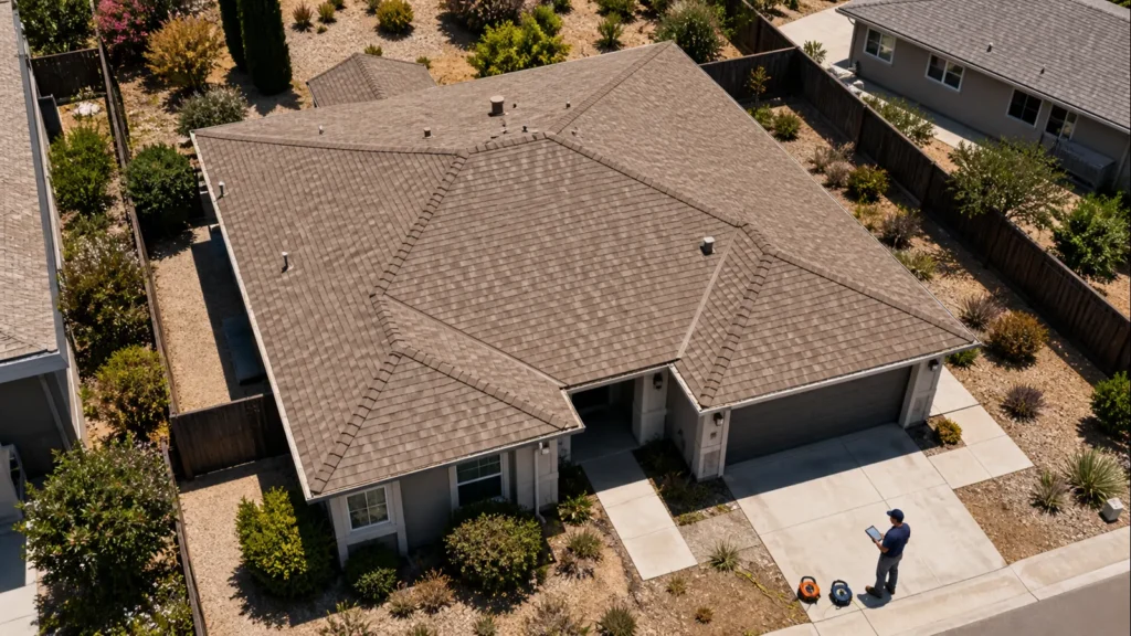 Aerial view of a Fresno residential roof with an estimator planning measurements from the ground.