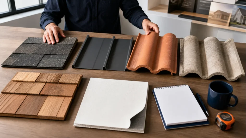 Organized comparison of asphalt, metal, clay, concrete, cedar and membrane roofing materials.