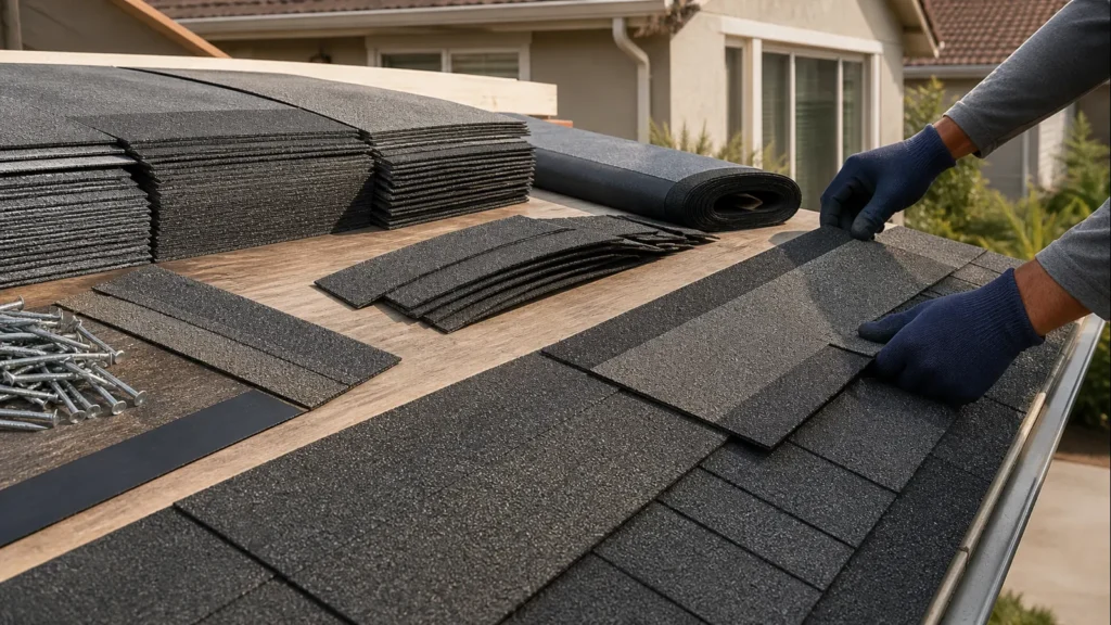 Architectural asphalt shingles, underlayment and installation materials arranged beside a Fresno home.